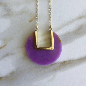 Bright sugilite purple pendant on dainty gold chain