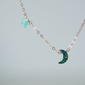 Light blue star and green crescent moon necklace