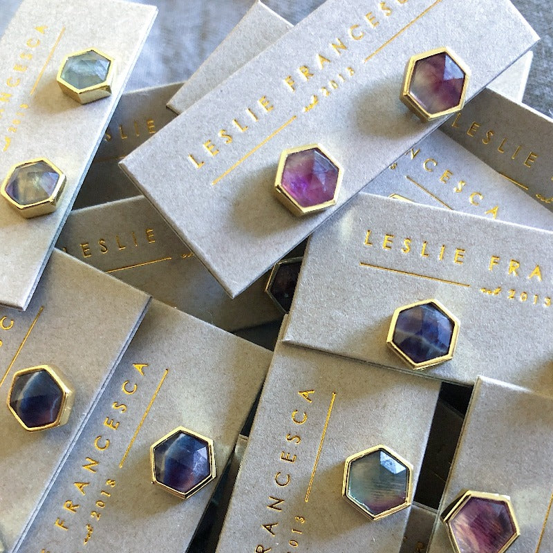 small hexagon studs in amethyst, lapis and labradorite