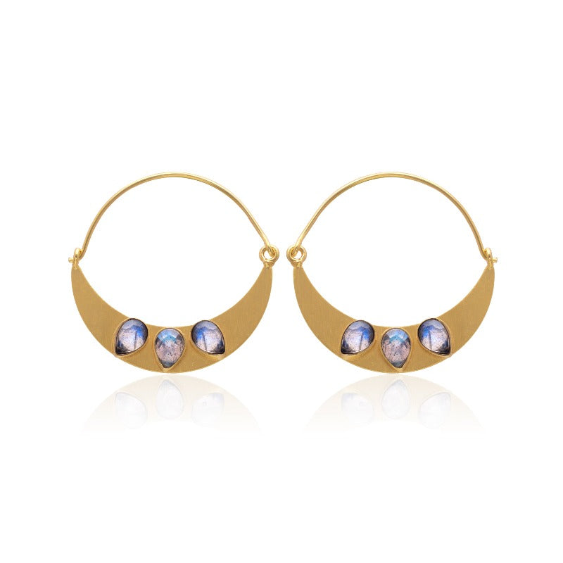 Triple Gem Thin Hoops Rainbow Moonstone