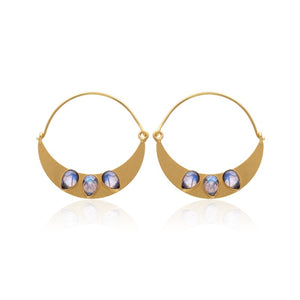 Triple Gem Thin Hoops Rainbow Moonstone