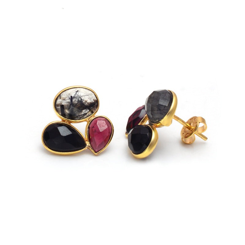 Triple Stone Gem Studs Tourmaline Quartz Garnet