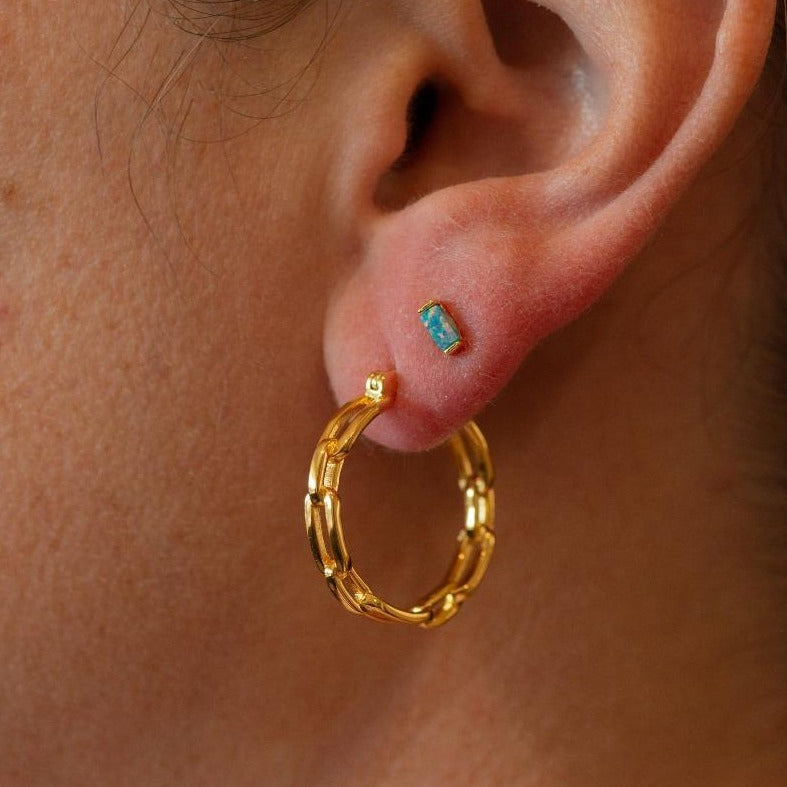 Small gold chain hoop earrings on model