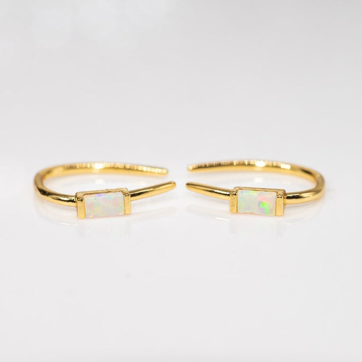 Opal bar gemstones set on gold hook earrings