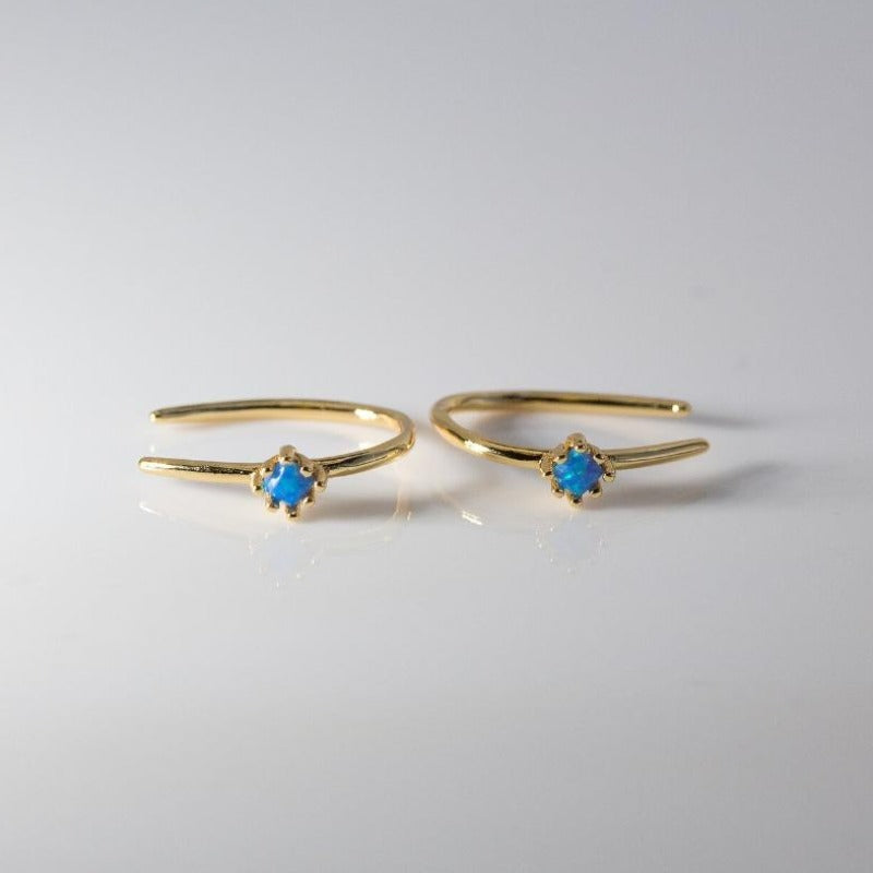 Ocean blue small opal stones on small gold open hook earrings