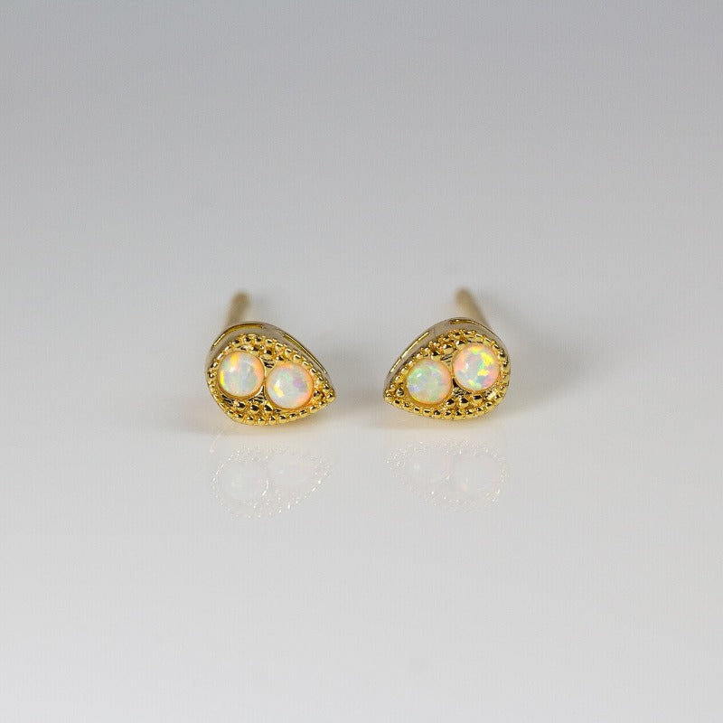 Teardrop gold earrings with double pearl pave gems