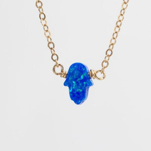 Blue opal hamsa pendant necklace on gold chain