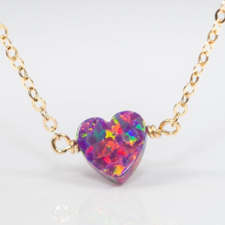 Purple opal heart necklace on gold chain