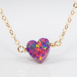Purple opal heart necklace on gold chain