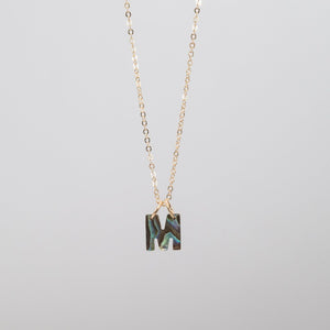 Letter "M" abalone shell necklace pendant on gold chain