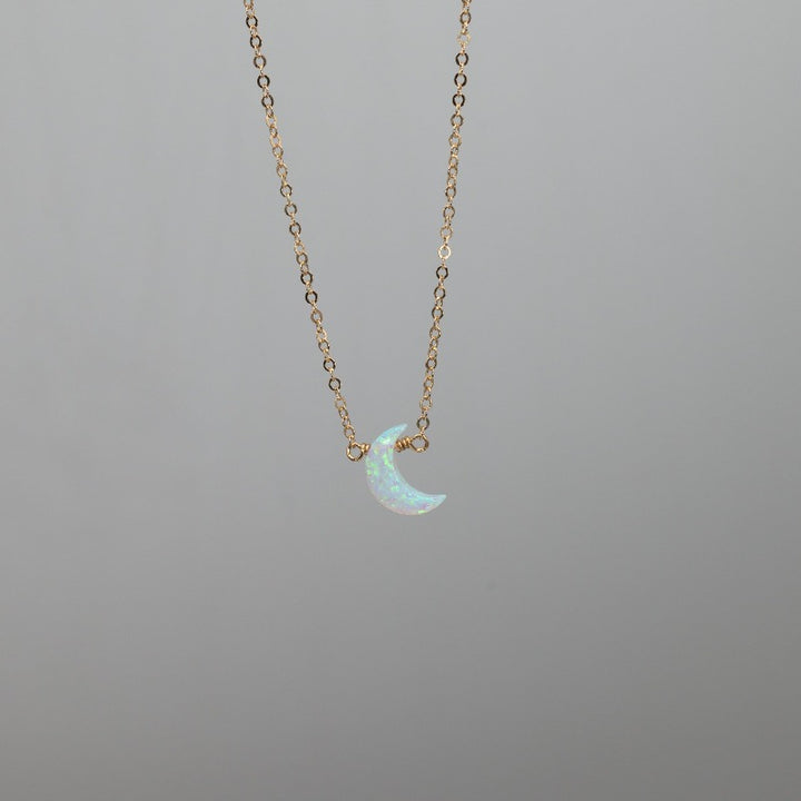 White heart opal moon charm on thin gold chain