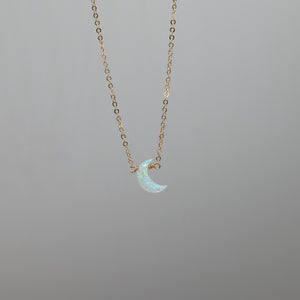 White heart opal moon charm on thin gold chain