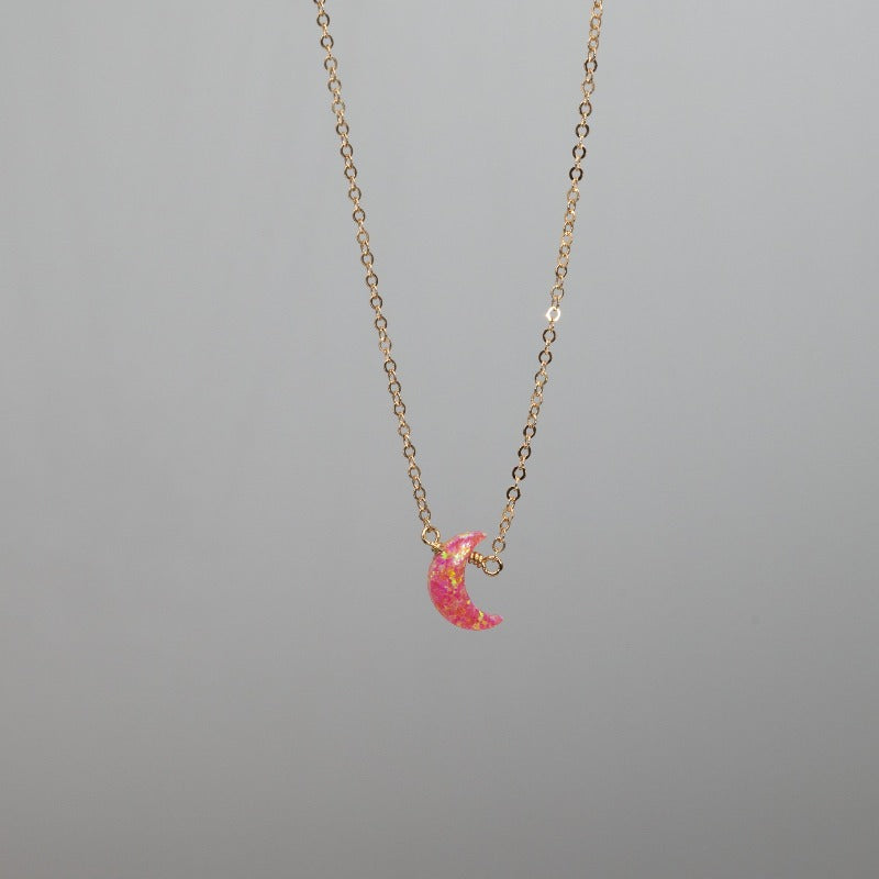 Mini pink crescent moon necklace in opal and gold