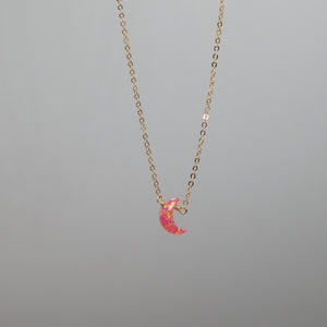 Mini pink crescent moon necklace in opal and gold