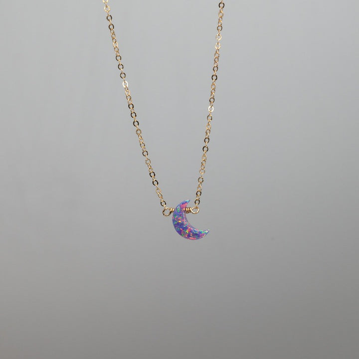 Small purple moon opal charm necklace