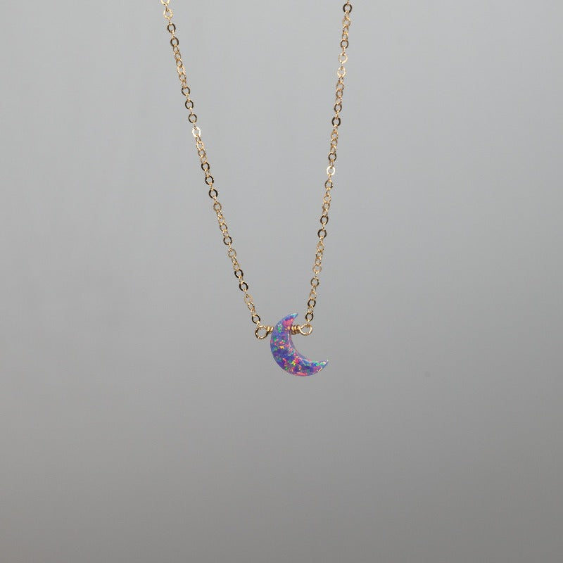 Mini pink crescent moon necklace in opal and gold