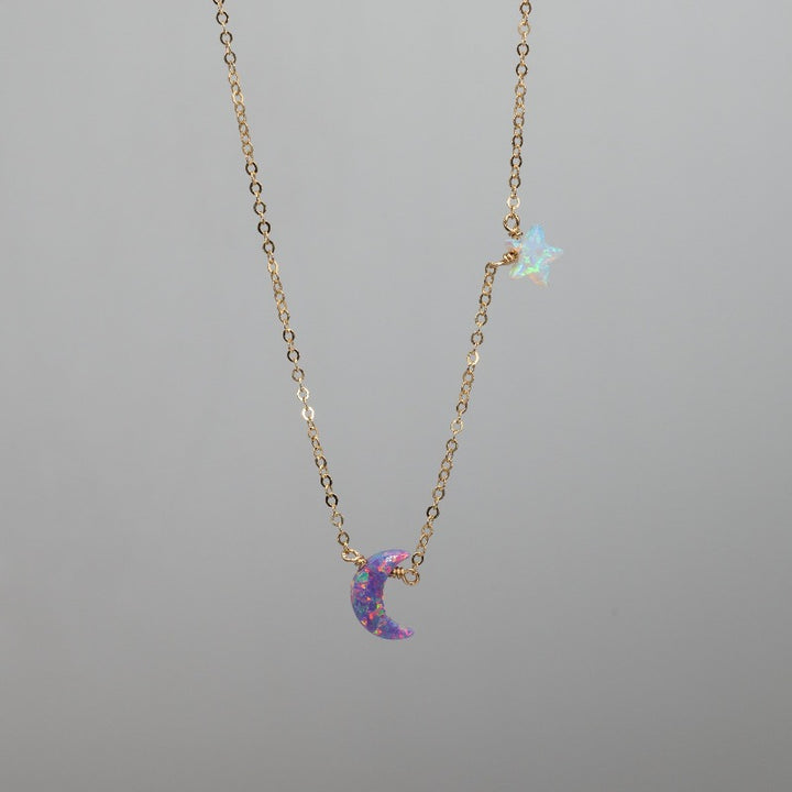 Purple opal moon and white star necklace