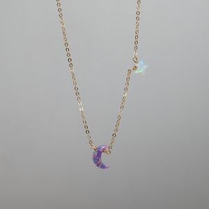 Purple opal moon and white star necklace