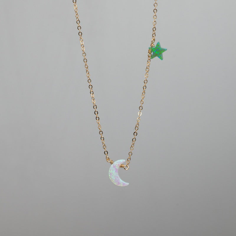 White heart moon with green opal star charm necklace