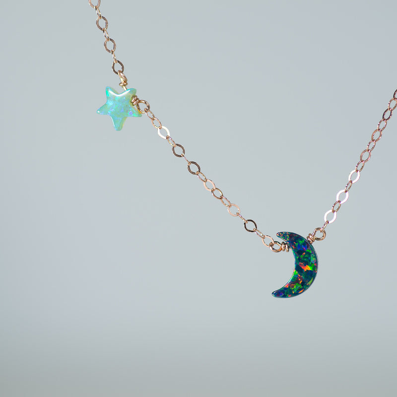 White heart moon with green opal star charm necklace