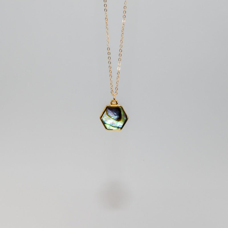 Hexagon abalone pendant on gold delicate chain