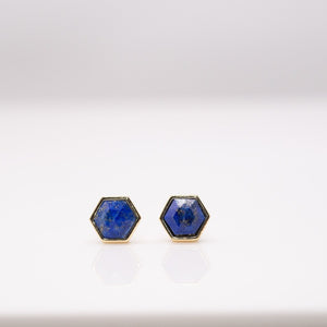 Bitsy pair of hexagon shaped earrings with blue lapis stones