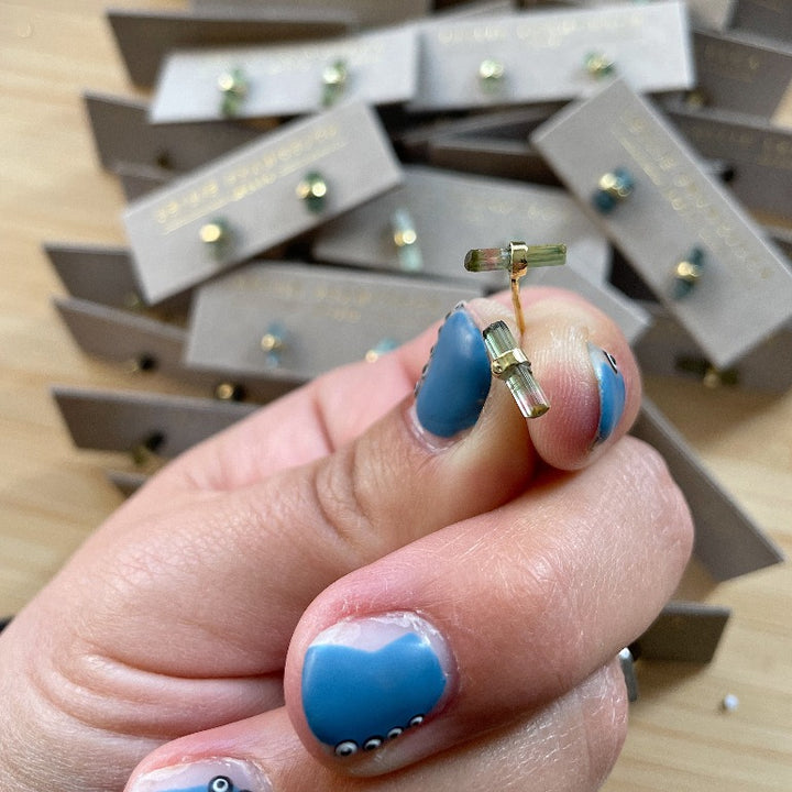 Tourmaline Tube Studs Up Close