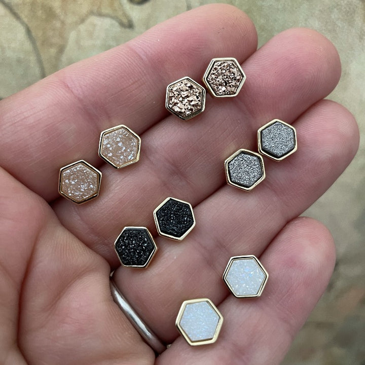 Mini Druzy Hexagon Studs