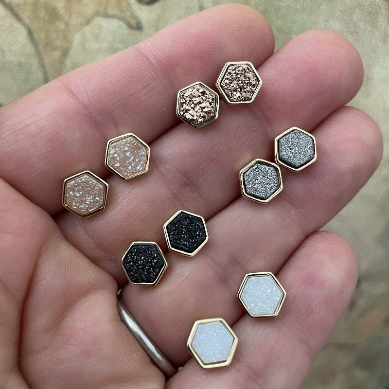 Mini Druzy Hexagon Studs